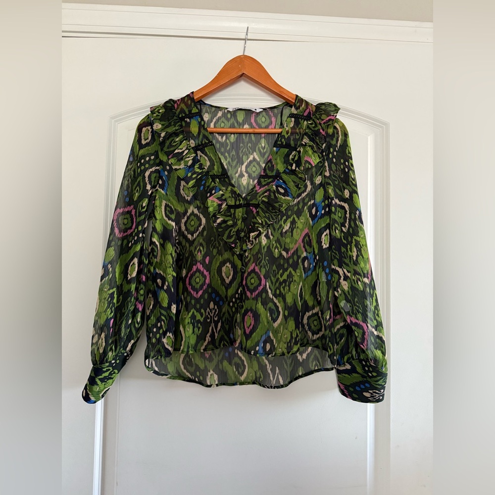 Zara Green Boho Ruffle Blouse Sheer Ikat Print Long Sleeve Top